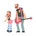 Grandpa Playing Guitar and His Granddaughter Singing, Grandparent Spending Good Time with Grandchild Cartoon Style
