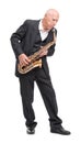 Grandpa playing on saxophone on white isolated background Royalty Free Stock Photo