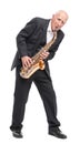 Grandpa playing on saxophone on white isolated background Royalty Free Stock Photo