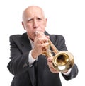 Grandpa playing on trumpet on white isolated background Royalty Free Stock Photo