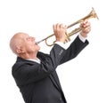 Grandpa playing on trumpet on white isolated background Royalty Free Stock Photo