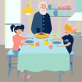 Grandpa prepares breakfast for grandchildren. Kitchen interier. Flat in minimalist style. Cartoon raster