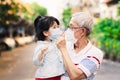 Grandpa raised his thumb and complimented the granddaughter who was wearing mask although not familiar.