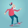 Grandpa on a skate. Old man is skating. Cartoon character design. Adult man sport activity. Retirement healthy lifestyle