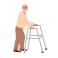 Grandpa standing with paddle walker. Retired elderly senior age man disabled and walking with assistance. Flat vector