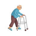 Grandpa with a walker. Cute cheerful grandpa is walking with a walker in his hands. An elderly man. Vector illustration Royalty Free Stock Photo