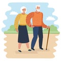 Grandpa with walking stick and senior woman on walkers in city park vector illustration. Old couple spend time together. Royalty Free Stock Photo