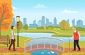 Grandpa with walking stick and woman in city park vector illustration. People in autumn landscape