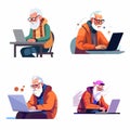 Grandpa working on laptop set vector isolated illustration
