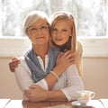 Grandparent, grandchild and happiness for bonding in portrait at nursing home for visit and conversation with love Royalty Free Stock Photo