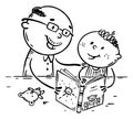 Grandpa reading book to his grandchild, outline vector illustration