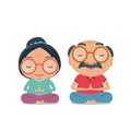 Grandparent, Old senior man and woman being physically and healthy. Cute yoga and meditation illustration in flat style isolated
