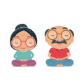 Grandparent, Old senior man and woman being physically and healthy. Cute yoga and meditation illustration in flat style isolated