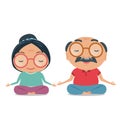 Grandparent, Old senior man and woman being physically and healthy. Cute yoga and meditation illustration in flat style isolated