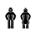 Grandparent stick figure old grandad and grand mom vector set. Grandfather and grandmother standing with crutch front view icon