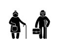 Grandparent stick figure old grandpa and grandma vector illustration set. Grandfather with crutch, grandmother with walking cane