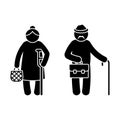 Grandparent stick figure old grandpa and grandma vector set. Grandfather with walking stick and grandmother with crutch, bag icon Royalty Free Stock Photo