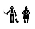 Grandparent stick figure old man and woman vector icon set. Grandad playing with wooden stick and dog, grandma with cat on hands