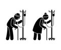 Grandparent stick figure old man, woman vector illustration set. Grandfather and grandmother couple walking with drop counter icon