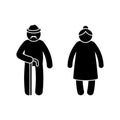 Grandparent stick figure old man and woman vector illustration set. Grandpa with walking stick and grandma icon pictogram on white Royalty Free Stock Photo