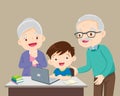 Grandparents be happy for something of children Boy using laptop Royalty Free Stock Photo