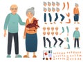 Grandparents characters constructor. Creation kit with different facial emotions, hand gestures and accessory