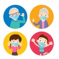 Grandparents and children wearing a surgical mask to prevent virus