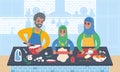 Grandparents cooking food together with grandchild. Flat style illustration.