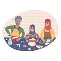 Grandparents cooking food together with grandchild. Flat style illustration.