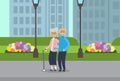 Grandparents couple, full length avatar over city park street lamp green lawn flowers cityscape template background flat