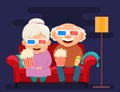 Grandparents day greeting card. Grandmother and grandfather watching movie at home.