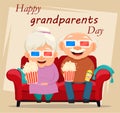 Grandparents day greeting card. Grandmother and grandfather watching movie at home.