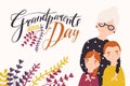 Grandparents Day greeting card template with cute grandmother and grandchildren. Grandma embracing grandson and