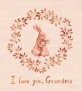 Grandparents day vintage greeting card. Grandmother rabbit embrace kid. Watercolor