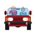 Grandparents driving on jeep car isolated on white. Vector illustration