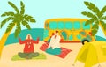 Grandparents Eldery Hippy People Travelling, Practicing Yoga On Seaside With Tent And Van Flat Vector Illustration