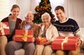 Grandparents, family with Christmas or portrait for festive season together for celebration, presents or holiday Royalty Free Stock Photo