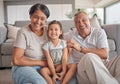 Grandparents, girl and floor in house, smile and playing while in bonding together. Grandmother, grandpa and child on