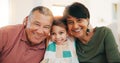 Grandparents, grandchild and smile in family portrait, love and picture for memory, hug and bonding. Happy mexican Royalty Free Stock Photo