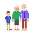 Grandparents and grandchildren. Grandma, grandpa and grandson. Grandmother holding boy hand and holds grandfather hand. Royalty Free Stock Photo