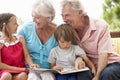 Grandparents And Grandchildren Reading Book On Garden Seat Royalty Free Stock Photo