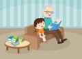 Grandparents with grandchildren reading on sofa