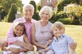 Grandparents and grandchildren sitting on grass in a garden Royalty Free Stock Photo