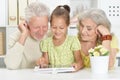 Portrait of grandparents with granddaughter using tablet Royalty Free Stock Photo
