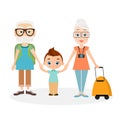 Grandparents with grandson. Grandfather and grandmother with a packsack travel. Travelling with the knapsack. Vector illustration Royalty Free Stock Photo