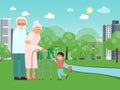 Grandparents with grandson in summer park vector illustration. Happy family outdoor. Granny and child together Royalty Free Stock Photo