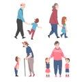 Grandparents Having Good Time with Grandchildren Set, They are Walking with Their Grandsons and Granddaughters Cartoon