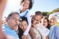 Grandparents, kids and parents in selfie, garden and smile for laugh, love and bonding on big family vacation in summer