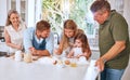 Grandparents, parents and child baking in kitchen have fun, bond and learning together. Big family, love and mom and dad Royalty Free Stock Photo