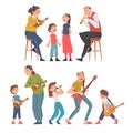 Grandparents Playing Musical Instruments with their Grandchildren Set, Happy Grandpa and Grandma Spending Good Time with Royalty Free Stock Photo